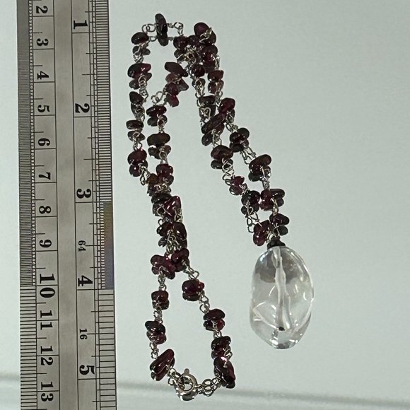 Estate Silver Garnet Clear Rock Crystal Pendant Choker Necklace - Picture 2 of 6